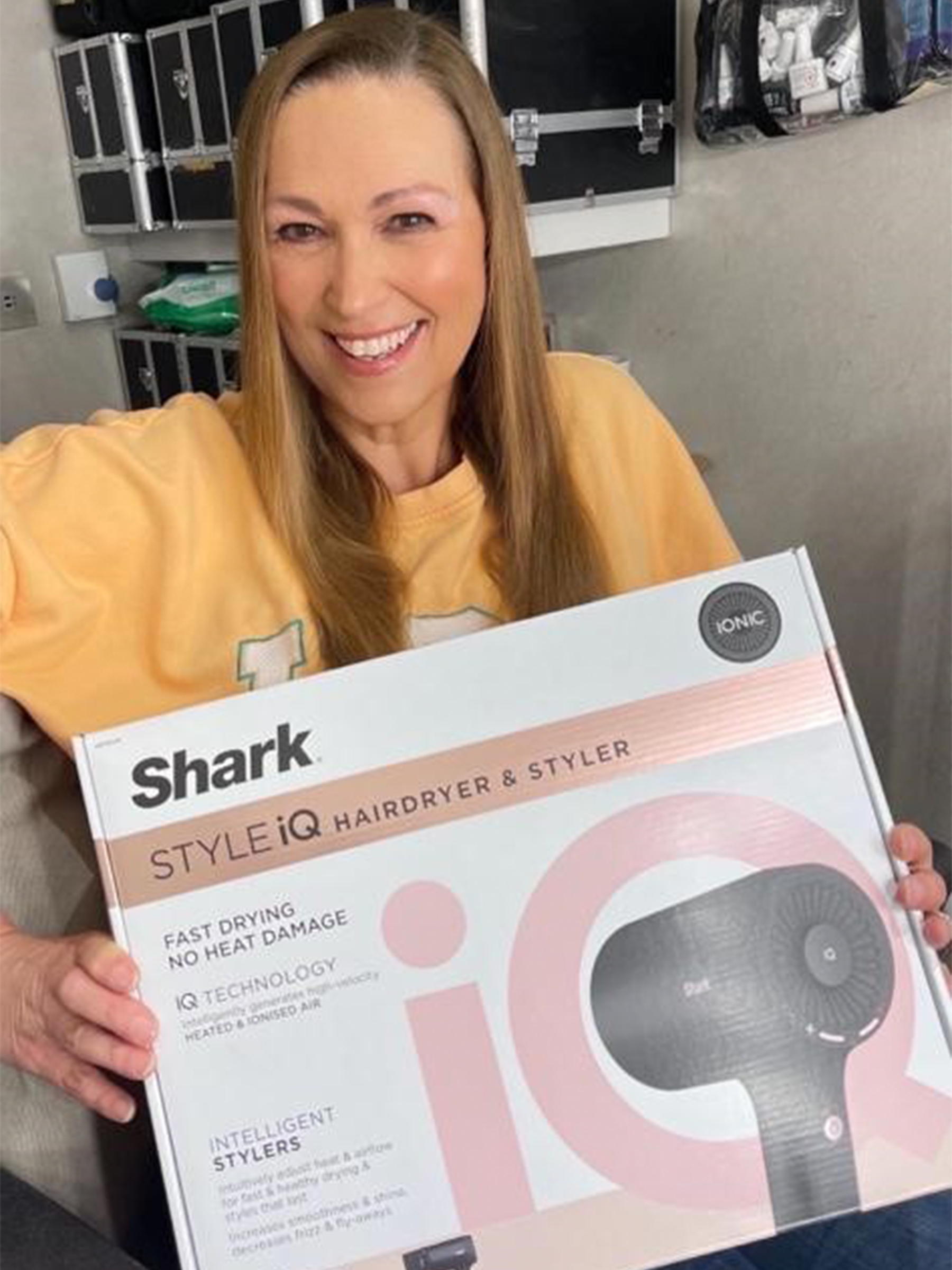 Jilly with the Shark hairdryer box